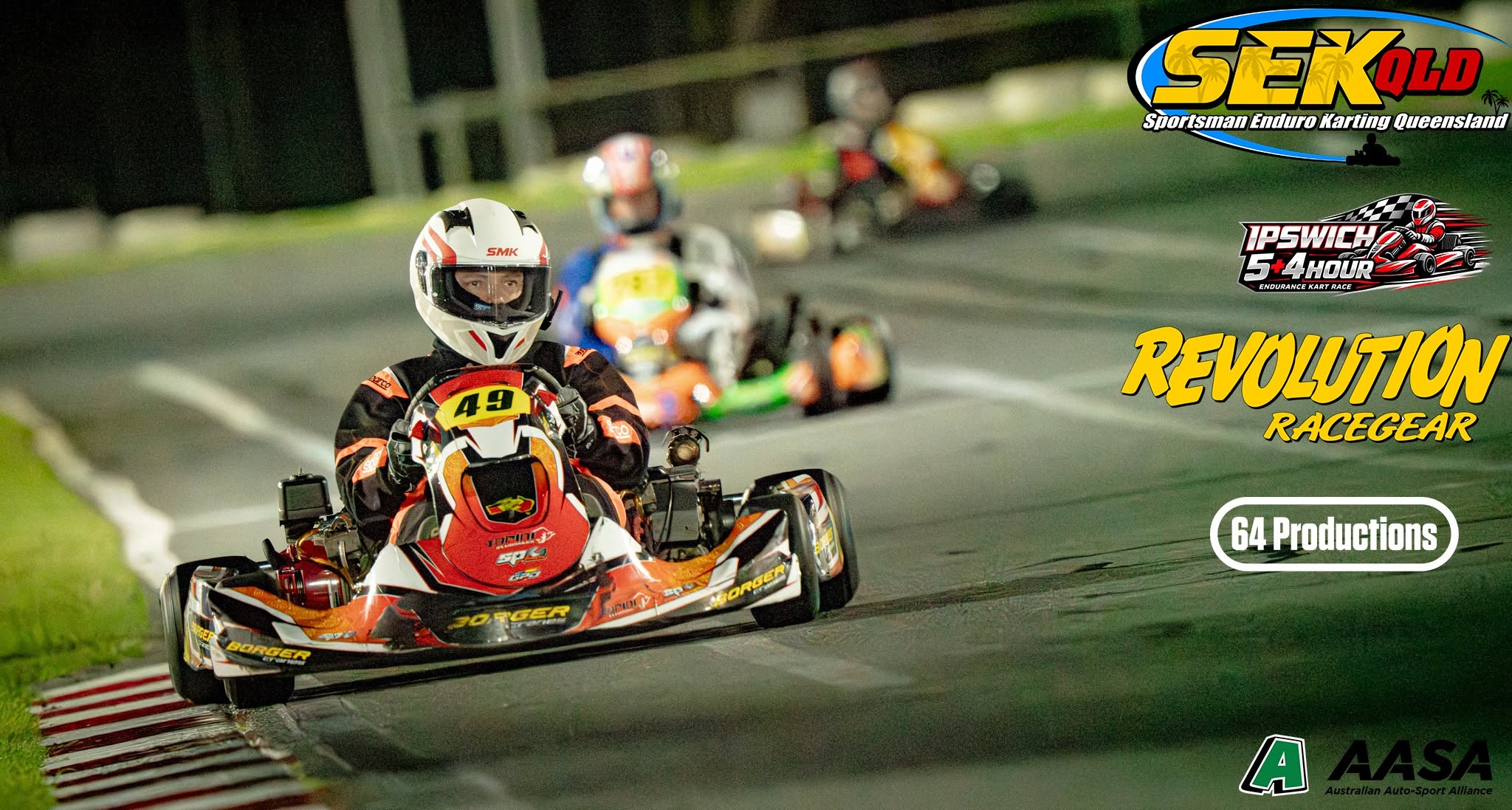 BR Motorsport #49 leading a pack of karts under floodlights during the Ipswich night race