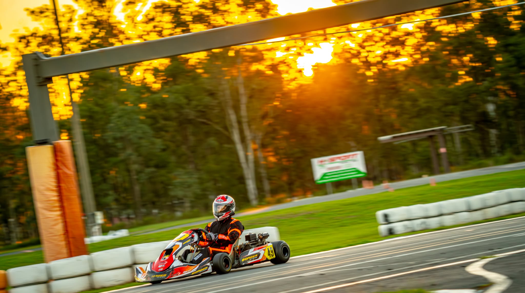BR Motorsport #49 at sunset on the Ipswich Kart Club main straight during the Round 3 twilight double-header